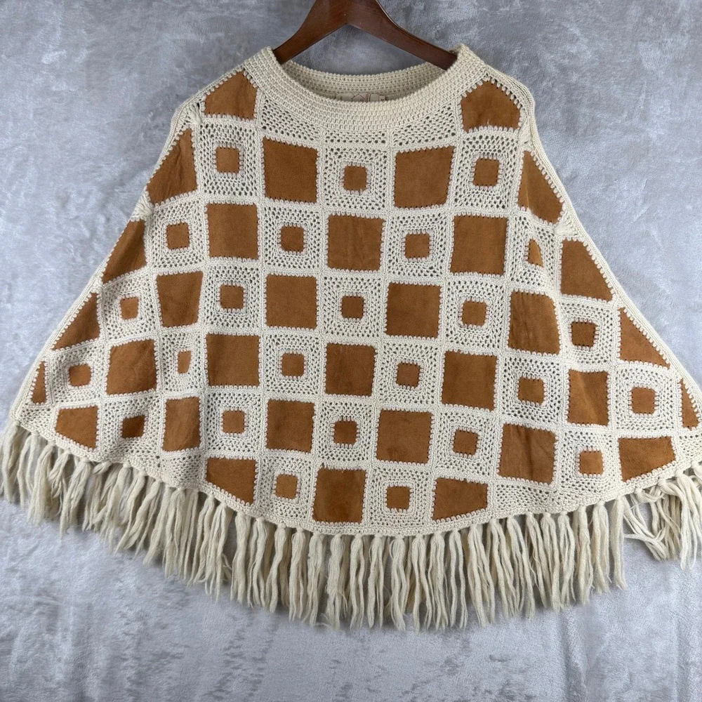 Vintage Patchwork Poncho  Wool Suede Cream Tan Fringe Boho M